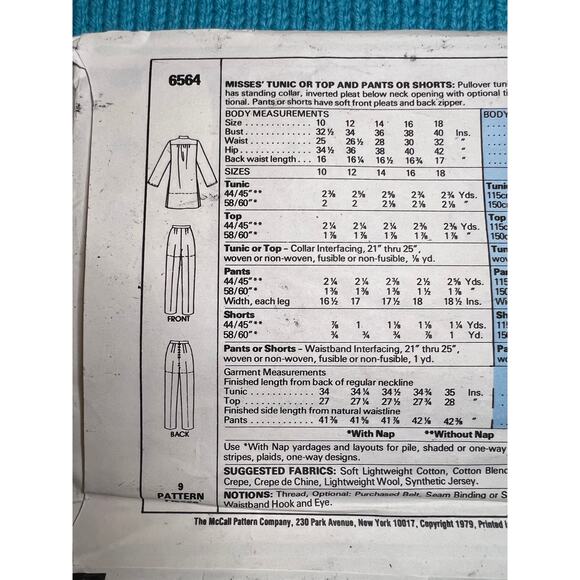 McCalls Pattern 6564 tunic top pants shorts 1970s size 10 bust 32 1/2 - Picture 4 of 5